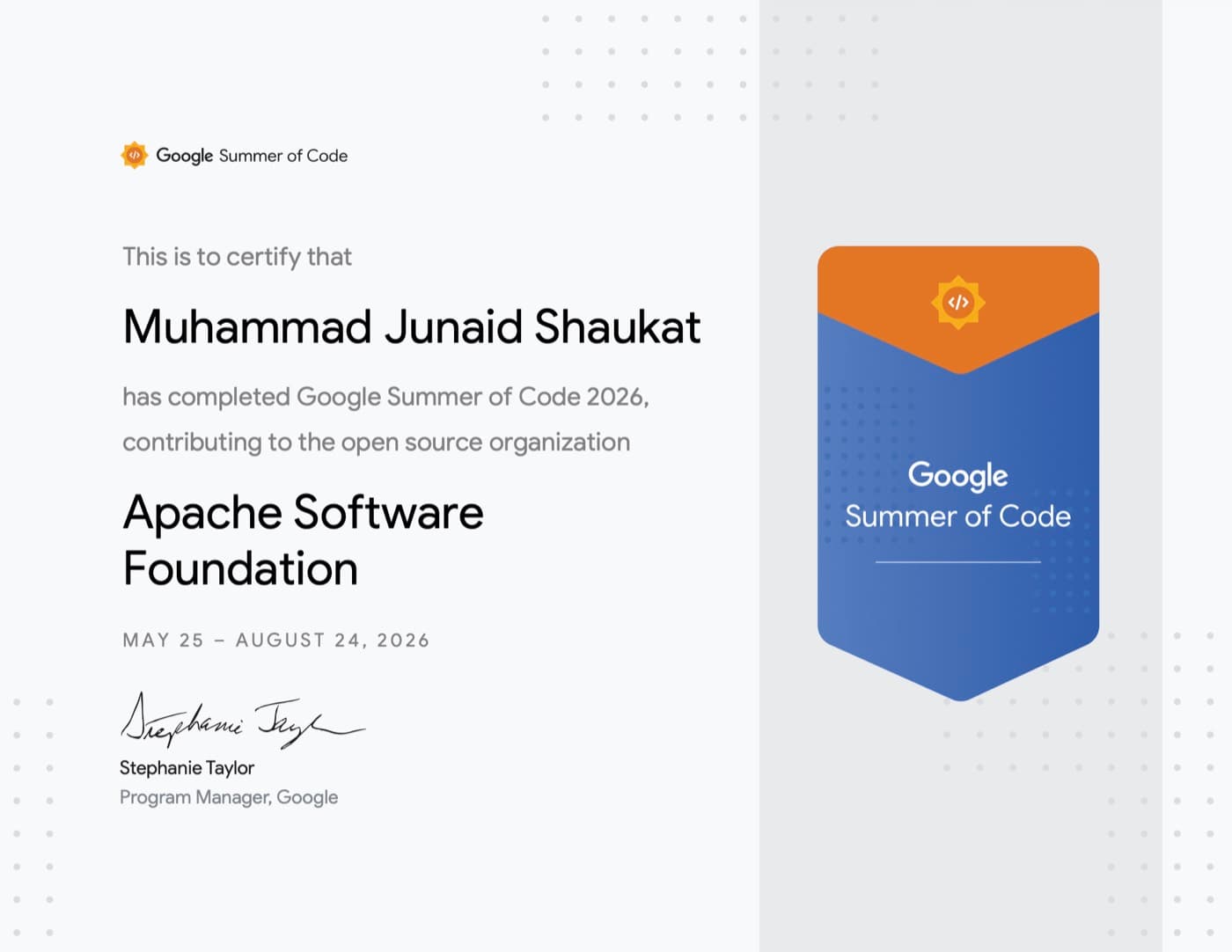 Google Summer of Code 2026 completion certificate for Muhammad Junaid Shaukat with the Apache Software Foundation