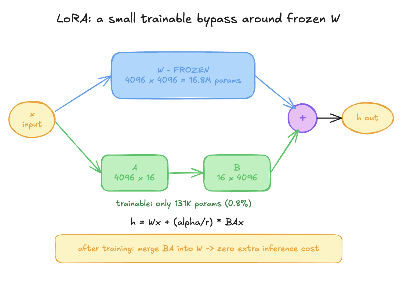 The frozen weight matrix W keeps its full size; a trainable low-rank bypass (A then B) runs alongside it and the two outputs are summed. After training the bypass merges back into W at zero runtime cost.